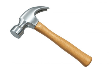 Metal claw hammer with wooden handle lying diagonally isolated on transparent background, ideal for construction and diy projects