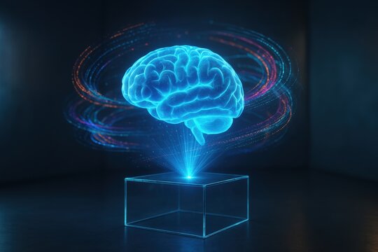 Futuristic holographic brain with glowing digital swirls - Powered by Adobe