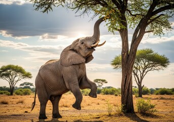 Majestic Bull Elephant Rearing on Hind Legs to Forage from a Savanna Tree.