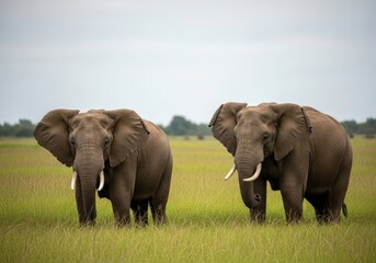 Obraz premium Majestic Duo - Two African Bush Elephants Standing Tall in a Verdant Savanna.