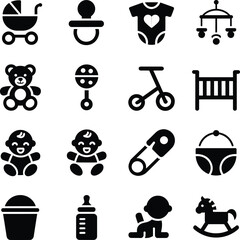 Adorable baby icons A delightful set of symbols representing baby items like a stroller, pacifier, onesie, mobile, teddy bear, rattle, tricycle, crib, baby, diaper, bottle, and more