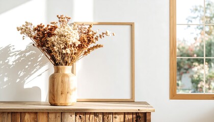 Dried flowers in wooden vase, blank frame, sunny room