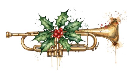 Festive Brass Instrument Adorned with Holly and Berries for Holiday Celebrations and Musical Performances