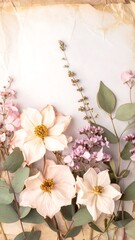 Dried pastel flowers on aged paper