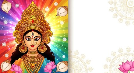 Hindu Goddess Durga, depicted with divine radiant aura, holding lotus flowers and conch shells, vibrant colorful background celebrating Navratri festival
