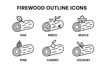 Firewood types outline icon set. Collection of wood logs for fireplace. Oak, birch, maple, pine, cherry, hickory timber. Linear vector illustration for fuel and heat concept.