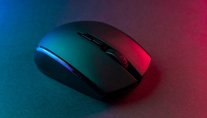 Sleek Wireless Computer Mouse Illuminated by Vibrant Blue and Red Neon Lights.