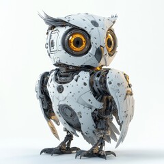 Charming owl robot, a robotic bird isolated over a white background. 3D rendering, Generative AI