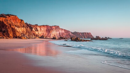 Cliffs meet the beach at sunset. Reflections in the wet sand. Ocean waves gently crash