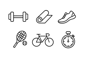 Fitness and sport outline icon set. Vector graphic collection of gym, workout, and active lifestyle symbols. Includes dumbbell, yoga mat, running shoe, tennis, bicycle, stopwatch.