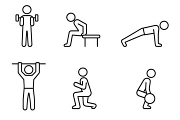 Fototapeta premium Fitness exercises line icon set. Workout moves vector collection. Bicep curl, tricep dip, push-up, pull-up, squat, lunge, deadlift. Gym training pictogram symbols.