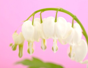Close-up of white bleeding heart flowers on a pink background