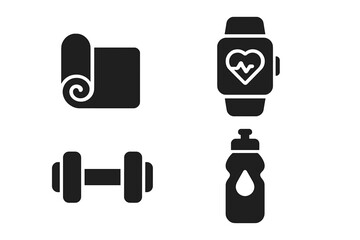 Fototapeta premium Fitness and sport solid icon set. Gym workout glyph symbols collection. Healthy lifestyle equipment elements. Yoga mat, dumbbell, smartwatch, water bottle vector silhouettes.