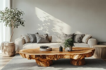 Live-edge coffee table near a sofa with grey pillows, designed in minimalist Scandinavian home interior style for a modern living room. 3D rendering, Generative AI