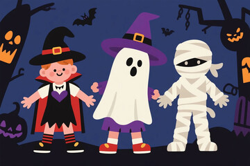 Flat design of kids in Halloween costumes (vampire, witch, ghost, mummy).