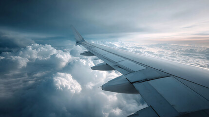 Obraz premium An airplane wing soars above a sea of fluffy white clouds under a bright, clear blue sky above