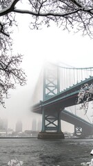 Fototapeta premium Foggy winter cityscape with bridge