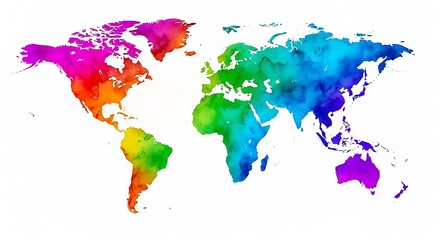 Vibrant watercolor world map displaying continents in rainbow colors