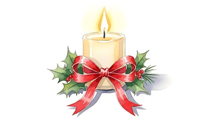 A festive christmas candle with holly leaves and a red ribbon creating a holiday season atmosphere