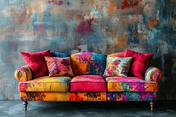 Sofa and fireplace positioned against a concrete wall with copy space, designed in loft home interior style for a modern living room. 3D rendering, Generative AI