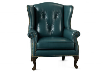 Vintage teal wingback chair featuring button tufting, nailhead trim, standing against clean transparent backdrop