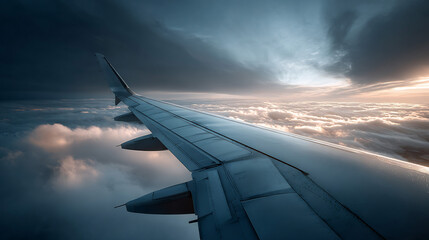 A dramatic view from an airplane window showcases wing over puffy clouds at golden hour sunset.