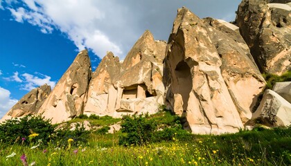 Eroded rock formations with wildflowers