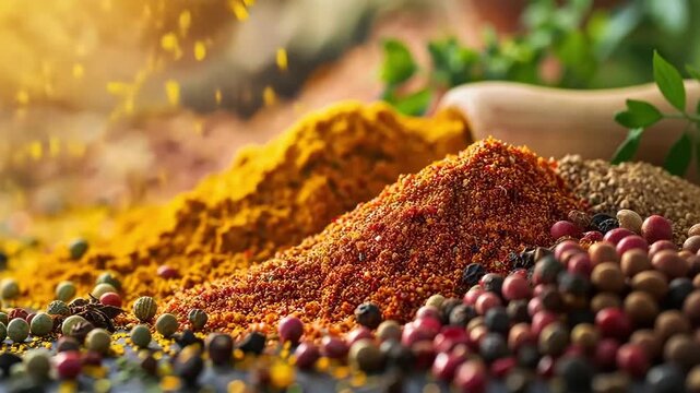 A captivating close-up of a variety of colorful spices and herbs, beautifully illuminated to highlight their vibrant colors and rich textures, perfect for culinary-themed concepts.