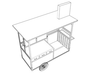 Monochrome Outline Wireframe Food Cart Technical Drawing, Simple Line Art Vector Blueprint. Isolated Mobile Street Vendor Stall for Business Startup, Catering Equipment Design, Retail Trolley, Market