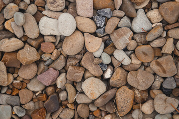 A top-down, detailed texture of smooth, multi-colored river stones and pebbles, creating a natural and abstract background.