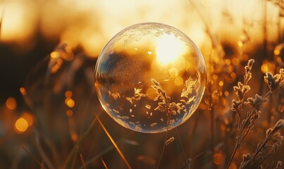 Frozen soap bubble in crisp, cold air reflecting golden hour sunlight. This serene image captures the beauty and fragility of winter in a peaceful and visually stunning manner, Generative AI