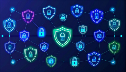 A digital illustration showcasing a network of interconnected security shields and padlocks, representing data protection.