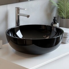 Close-up of a stylish black ceramic round vessel sink with a chrome faucet on a white vanity, contributing to minimalist interior design for a modern bathroom. 3D rendering, Generative AI