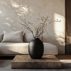 Close-up view of a stylish stone round vessel sink on a rustic wooden counter, with a black wall-mounted faucet on a grey stucco wall, offering copy space for minimalist interior design, Generative AI
