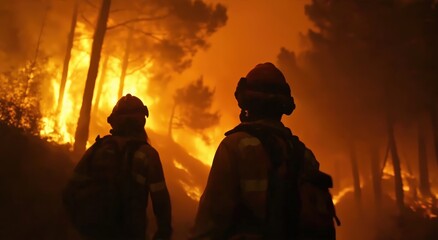 Two firefighters face a raging wildfire, surrounded by flames and smoke, highlighting the dangers of forest fires and the bravery of emergency responders.