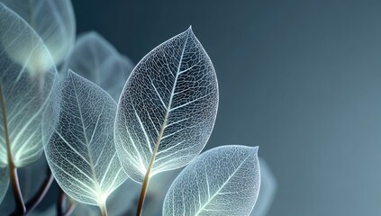 Delicate, translucent leaves, revealing intricate vein structures against a muted background