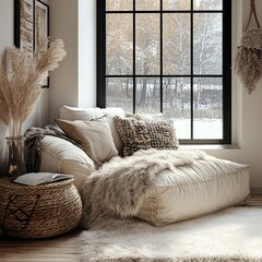 Sofa with a fur throw and pillow near a black window, creating a cozy reading nook. Scandinavian farmhouse hygge interior design for a modern living room. 3D rendering, Generative AI