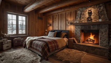 Cozy alpine bedroom in luxury mountain cabin with rustic wood finishes wool bedding and warm winter lighting near snowy windows