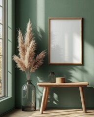 Wood side table with a blue and mustard vase filled with twigs, placed near a blank mock-up poster frame with copy space, positioned against a turquoise wall. Scandinavian home, Generative AI