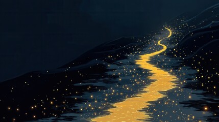 Glowing Stream Winding Through Dark Mountain Landscape with Starry Lights