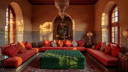 Moroccan living room glowing lantern lights colorful textiles velvet ottoman mosaic accents warm shadows during golden hour