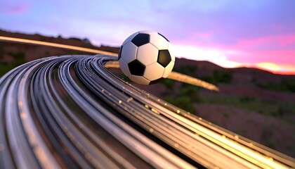 Soccer ball soaring on a futuristic highway at sunset, symbolizing speed and progress.