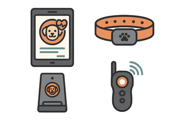 Modern pet care technology devices collection. Smart dog collar with activity tracker, remote training device, automatic food dispenser, tablet with pet health app. Vector cartoon style illustration.