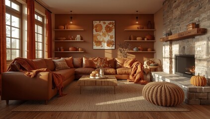 Cozy autumn living room with leather sofa plaid throws amber lighting rustic shelves pumpkin decor warm neutral colors