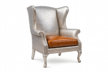Elegant silver wingback chair with brown leather cushion, showcasing sophisticated design against clean transparent backdrop