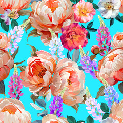 Pattern with peonies and lupine flowers, roses, rose hips. Vector floral pattern with summer flowers and peonies. For paper, fabric, packaging and interior design.