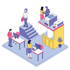 Isometric office scene with people working workplace