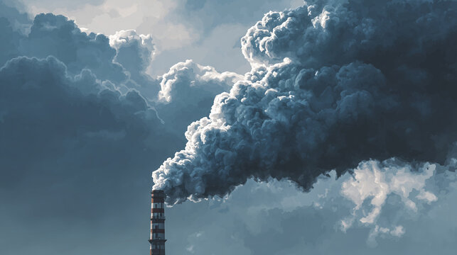 tall factory smokestack Chimney emits Releasing thick smoke into sky, industrial pollution and environmental concerns. gloomy setting highlights negative impact of human activities on the atmosphere