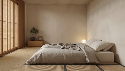 Japanese minimalist bedroom tatami flooring paper lamps futon low profile furniture neutral tones gentle sunrise lighting