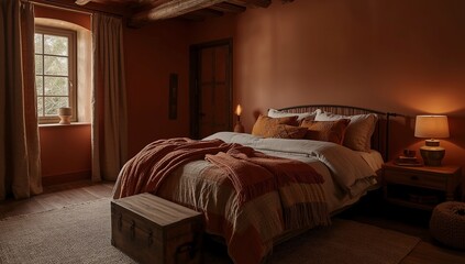 Autumn-inspired bedroom with layered blankets wool textiles rustic wood beams warm amber tones moody natural window light